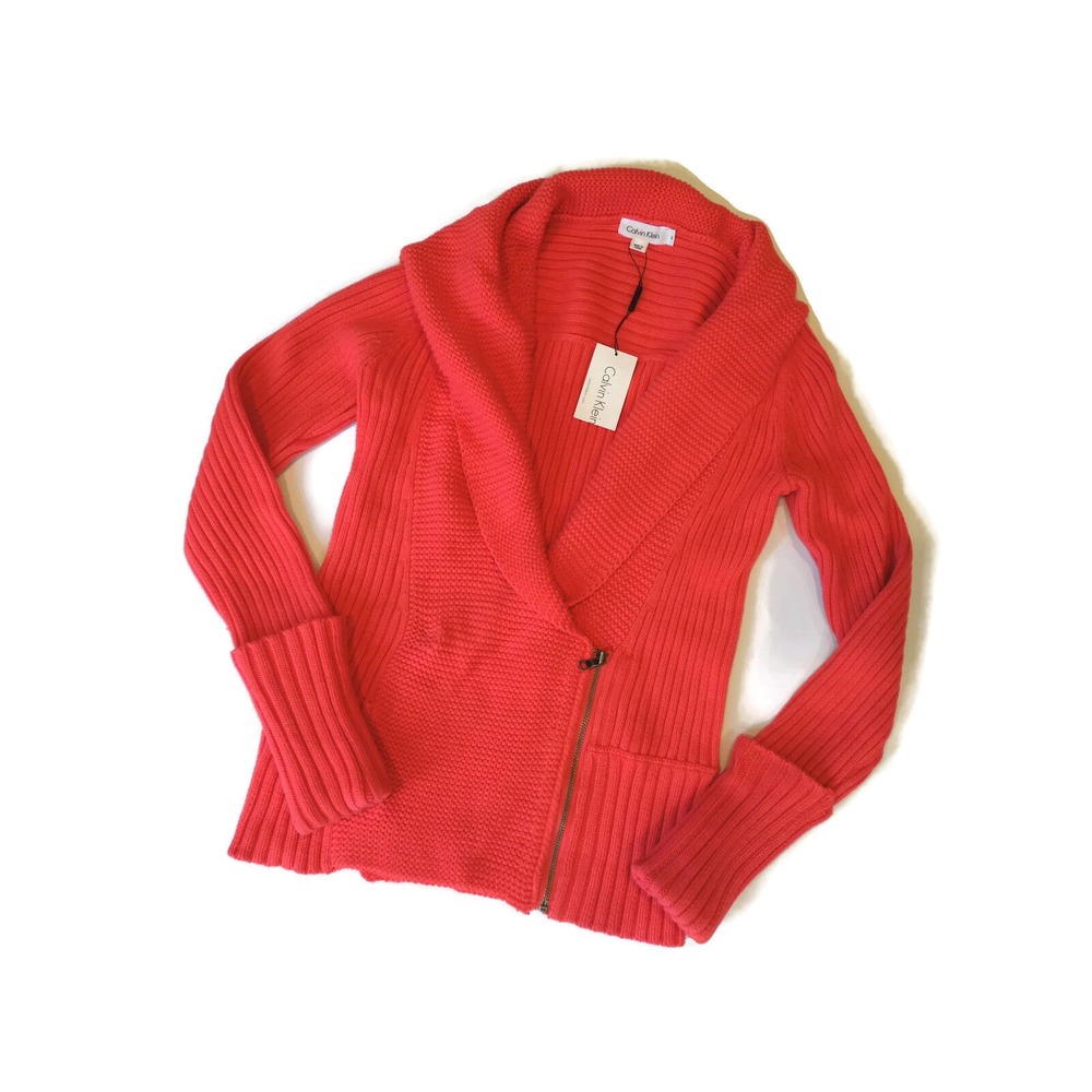 Calvin Klein Women's Cardigan SWEATER COWL orange pink Coral Size Small S